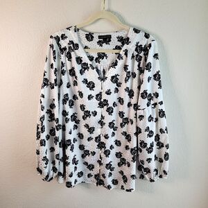 Lane Bryant Blouse Size 16 Button Up Black White Floral Balloon Sleeve Boho Top